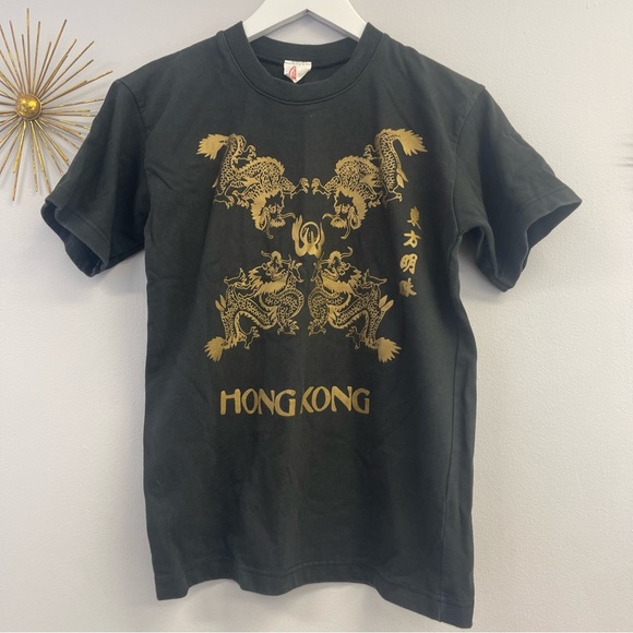 Vintage Tops - Vintage Dragon Hong Kong Black Gold T-shirt Unique